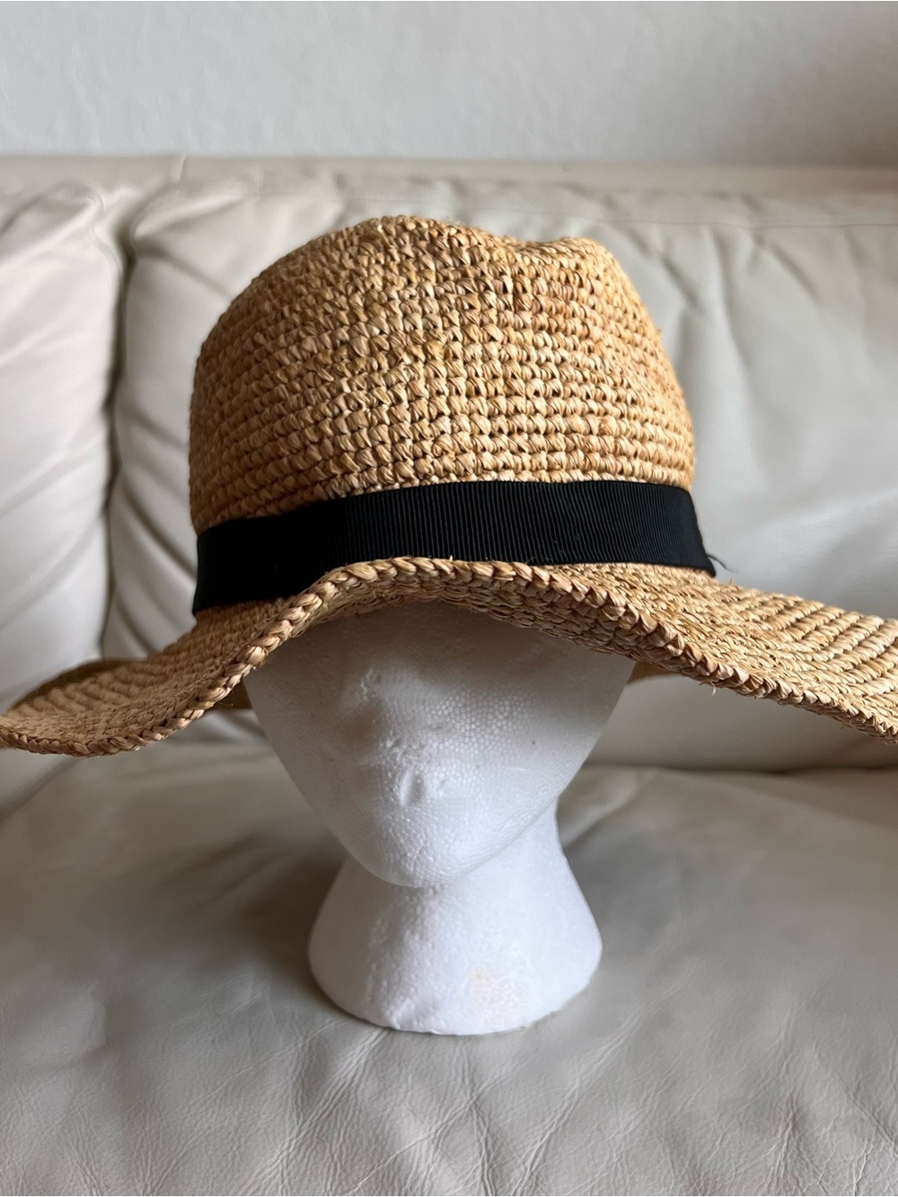 J. Crew M-L Straw Wide-Brim Sun Hat with Black Band